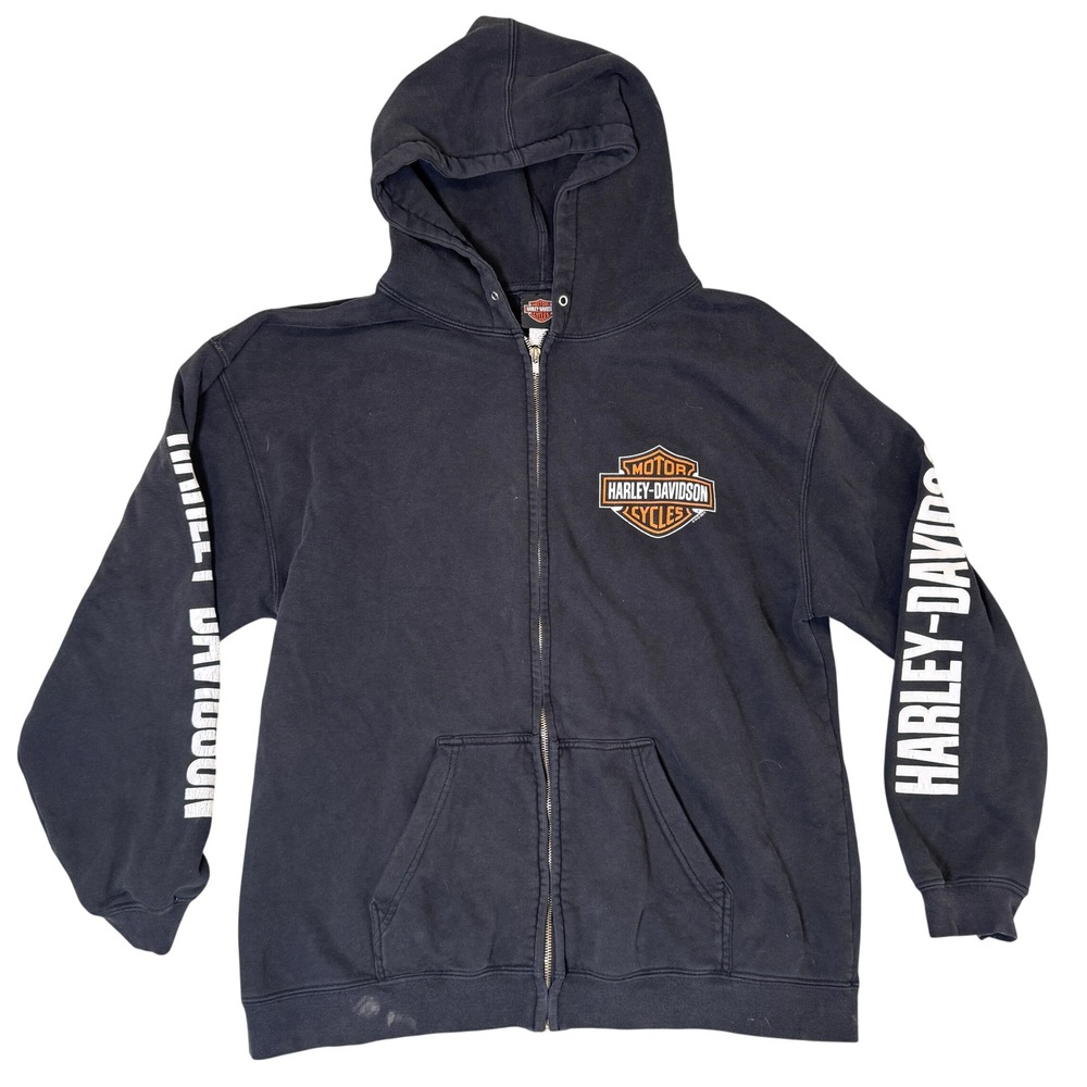 Harley-Davidson Mens Black Full Zip Sleeve Print Logo Hoodie 2011 Faded Biker